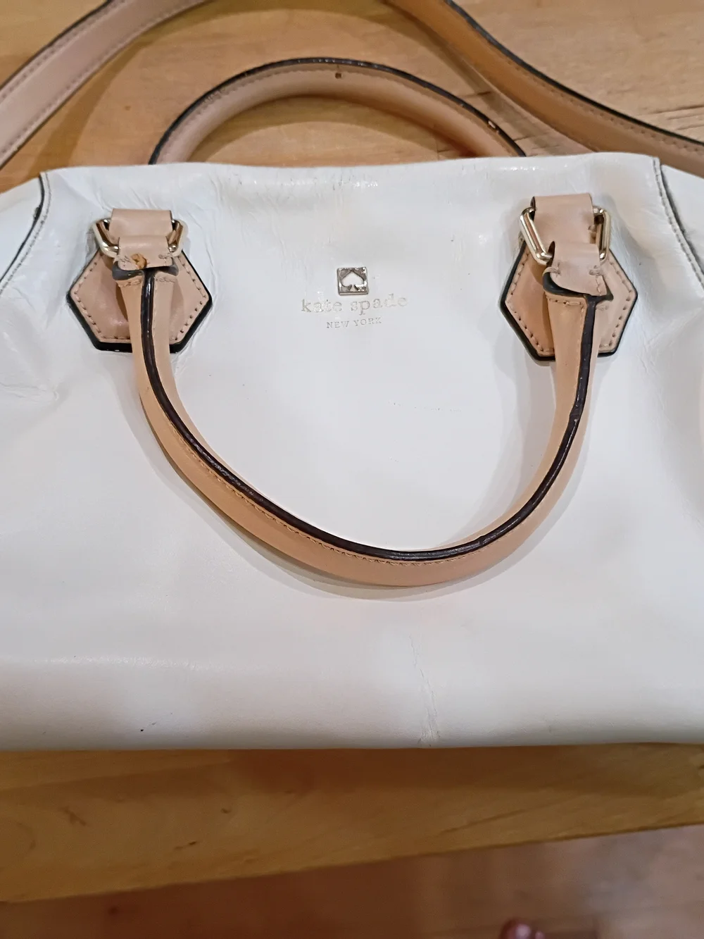 Kate Spade White and Nude Leather Satchel with Gold Hardware